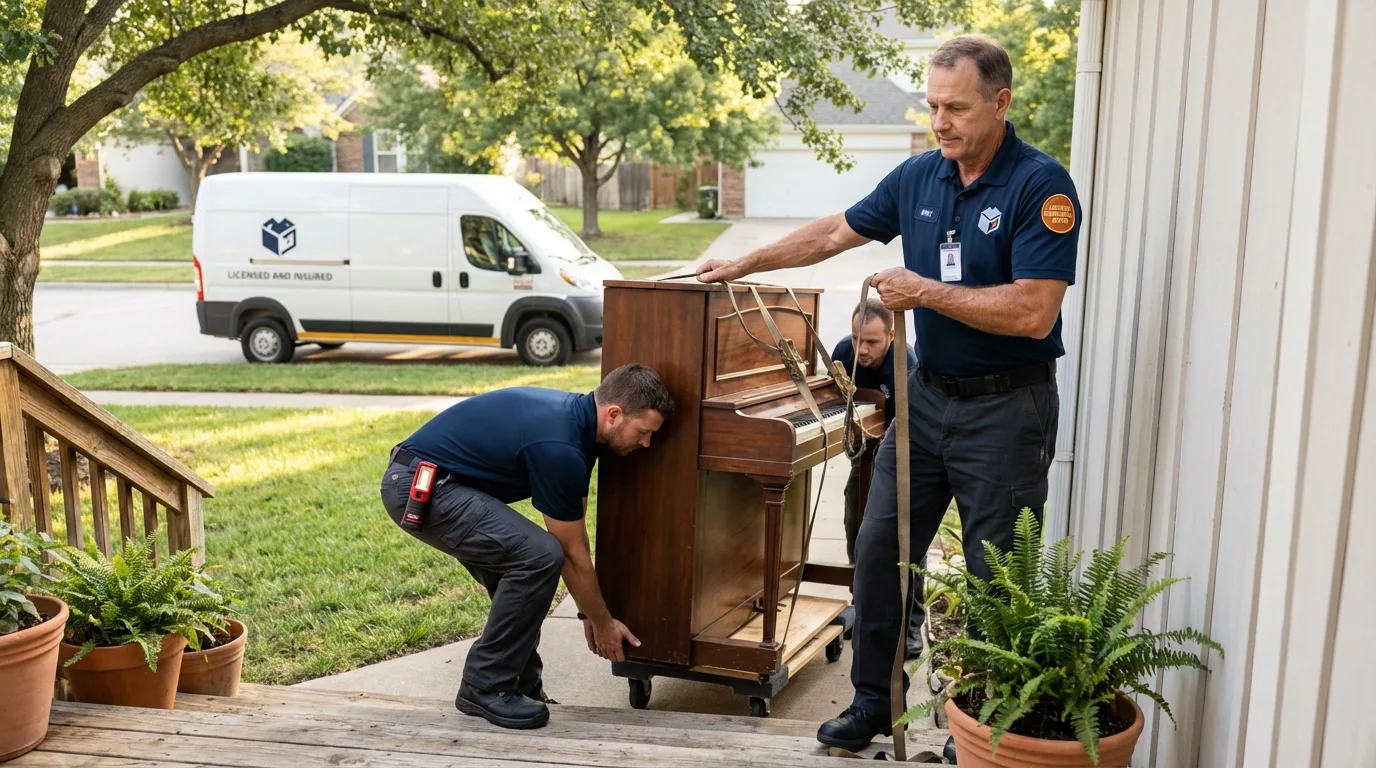 Licensed piano movers securing grand piano in Morrisville, VT