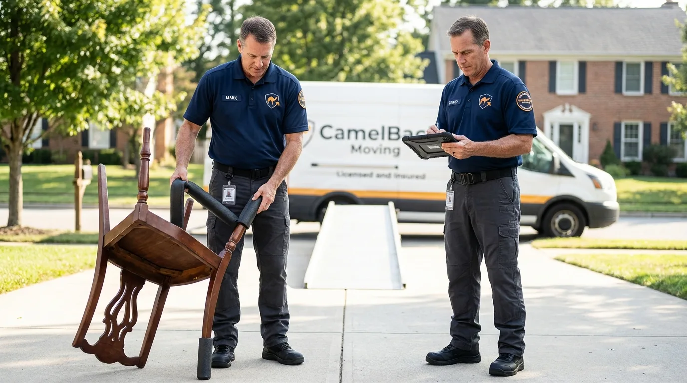 Movers inspecting furniture for damage prevention before loading in Morrisville, VT