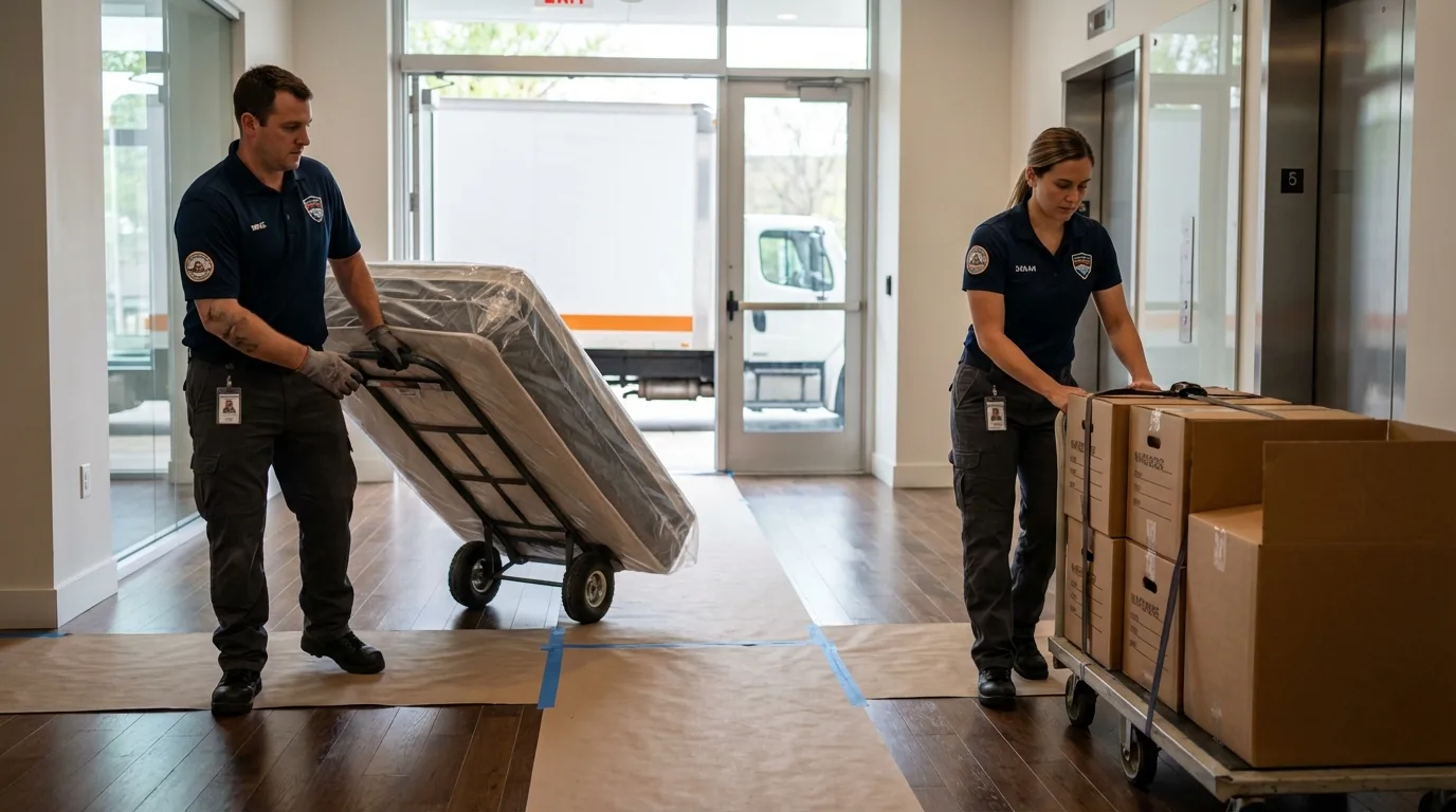 Professional apartment movers loading elevator in Morrisville, VT