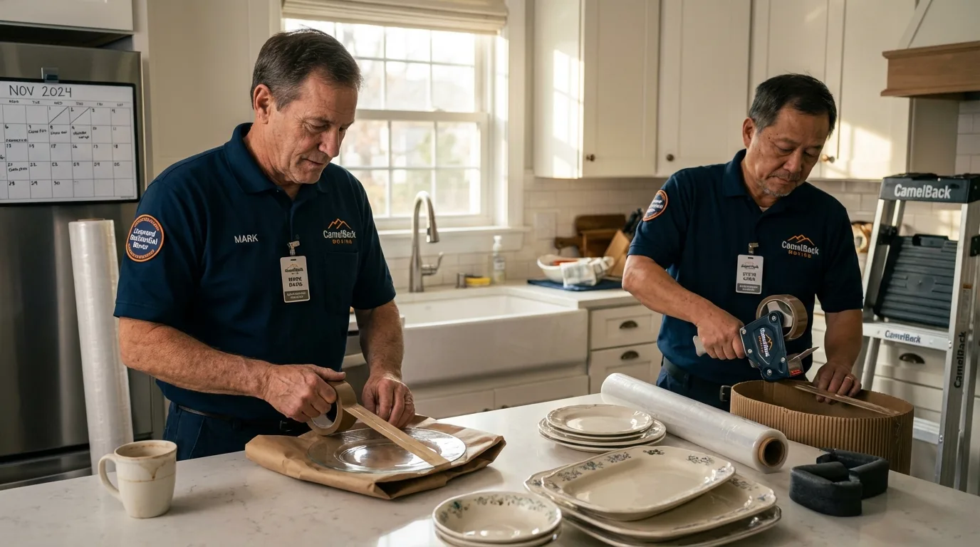 Professional crew packing kitchen dishware in Morrisville, VT
